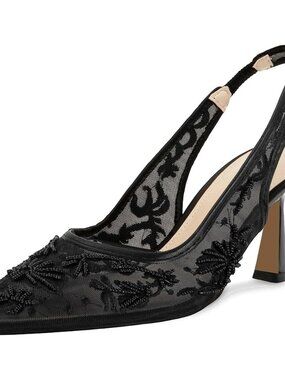 Women's Black Lace Mesh Slingback Heels Bridal Shoes Pointed Toe Pumps